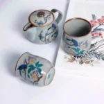 Sidera Vault Handmade Japanese Kutani-Yaki Ceramic Tea Set - 5.71" L x 3.15" H Teapot (270ml), 2.76"/2.68" Mouth Cups (200ml/180ml) - Hand-Painted Bird & Floral Motifs - Image 3