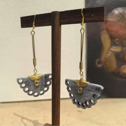 Sidera Vault Handmade Kenyan Cow Bone & Brass Fan Earrings: Gray Peacock, Artisanal Non-Machine Made Tribal Jewelry