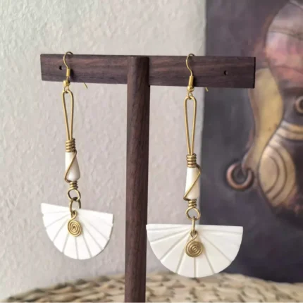 Sidera Vault Handmade Kenyan Cow Bone & Brass Fan Earrings: White Peacock, Artisanal Non-Machine Made Tribal Jewelry